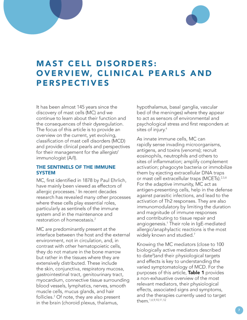 Mast Cell Disorders: Overview, Clinical Pearls and Perspectives