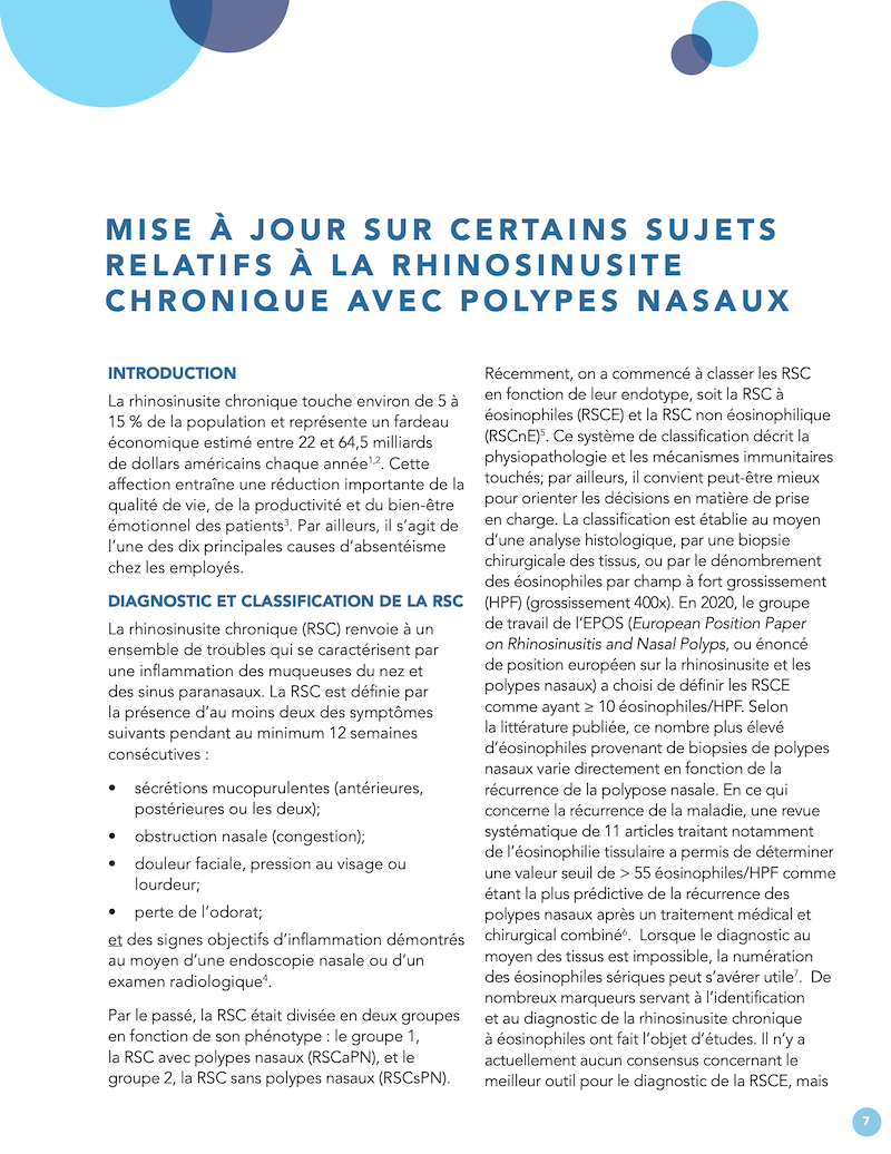 Mise à jour sur certains sujets relatifs à la rhinosinusite chronique avec polypes nasaux